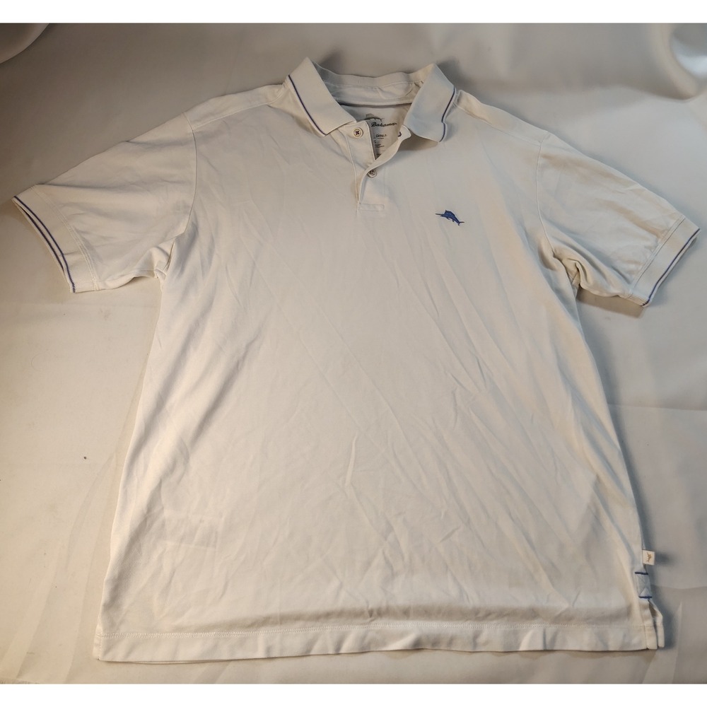 Tommy Bahama Mens Supima Cotton Blend Polo Shirt White Blue Marlin Large Beach